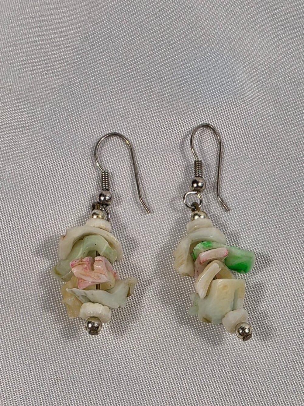 Dangle Drop Earrings Green White & Pink Irregular Shell Chips French Wire